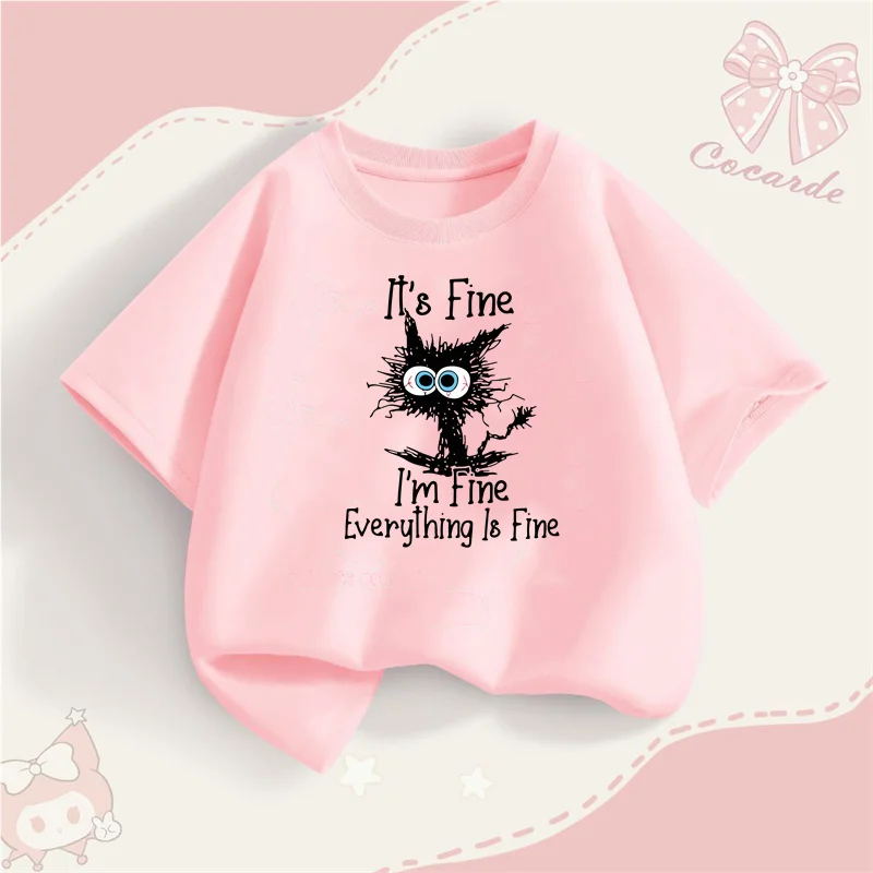 Kinder-Weihnachts-Hemd mit schwarzer Katze, kurzärmeliges Baumwoll-T-Shirt für Babys, Jungen und Mädchen, lustige Kleider, 3–14 Jahre