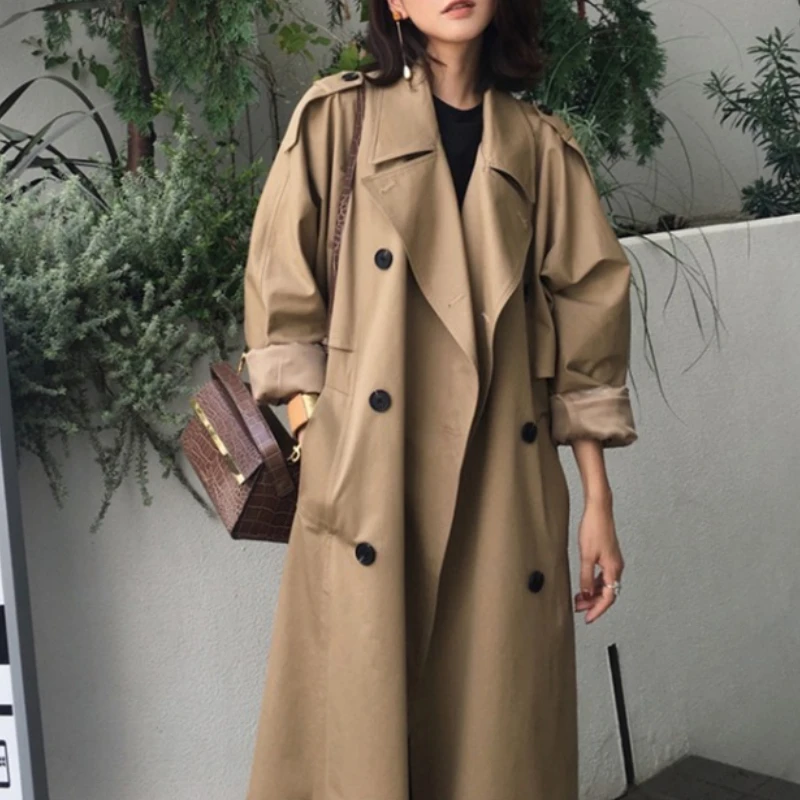 

Women'S Oversized Long Long Sleeve Jacket Trench Coat Turn Down Collar Buttons Pockets Female Outerwear Overcoat Autumn Winter