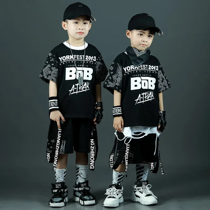 

Hip-hop Performance Clothes, Boys Summer T-shirt Suits, Korean Children's Loose Skateboard Sportswear, 4-16 Years Old