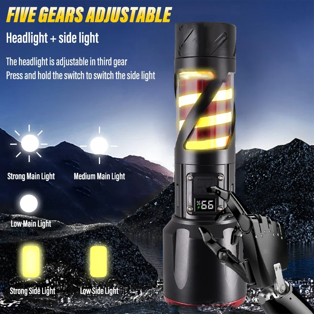 Super Bright LED Flashlight with Side Lights 5 Modes USB Rechargeable Flashlights Telescopic Zoom Emergency Torch Work Light