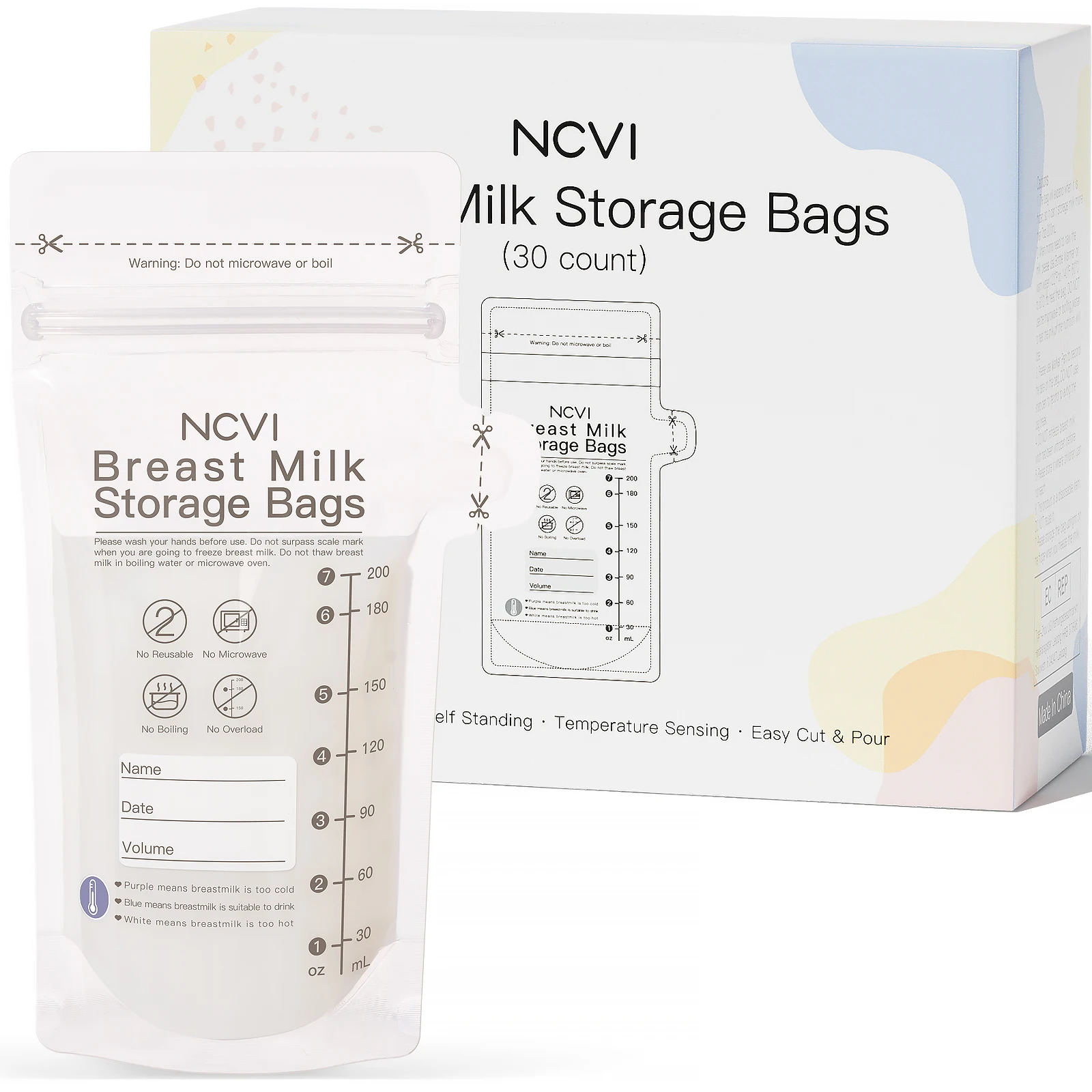 NCVI Breastmilk Storage Bags, 6 Oz Milk Freezer Bags for Long Term Breastfeeding Storage, Temperature Sensing, BPA Free