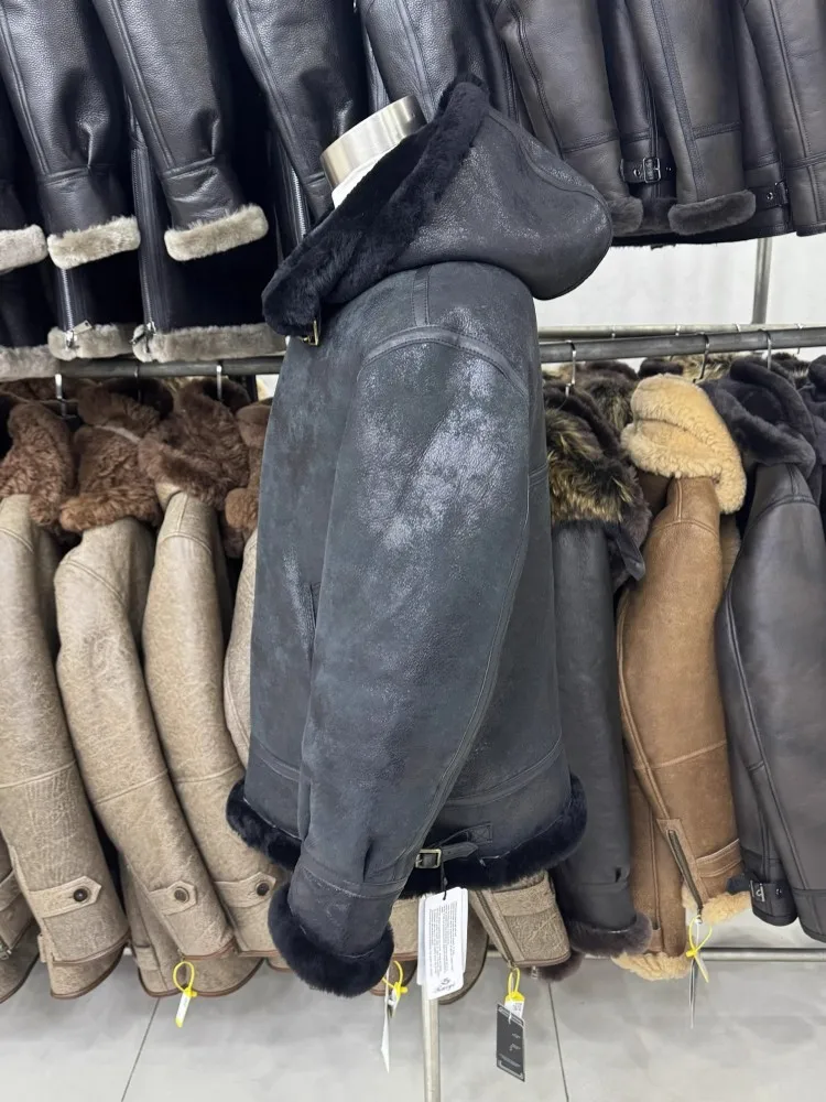 Natural Shearling Overcoat Mens Winter Thick Warm Motorcycle Jacket Vintage Genuine Leather Real Wool Lining Jacket Hooded Coat