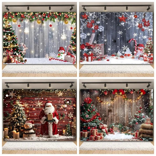 Fondo de fotografía de tablero de madera de Navidad pared de madera rústica árbol de Navidad muñeco de nieve regalo retrato de niños fondo de fotografía de fiesta familiar