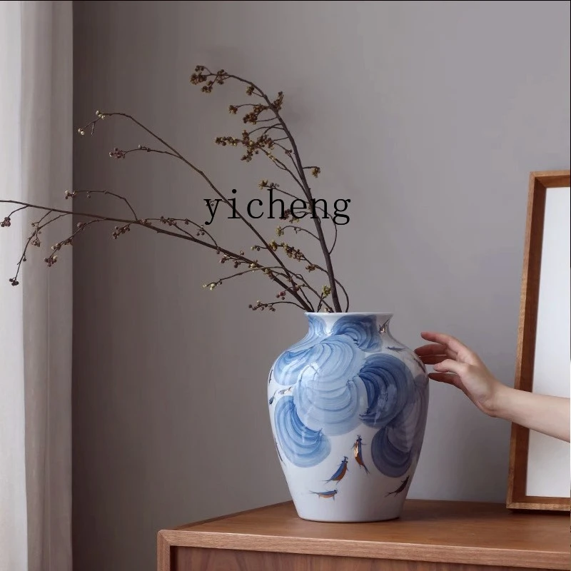 LSL ceramic vase blue and white porcelain flower arrangement ornament living room water-raised peony pottery pot