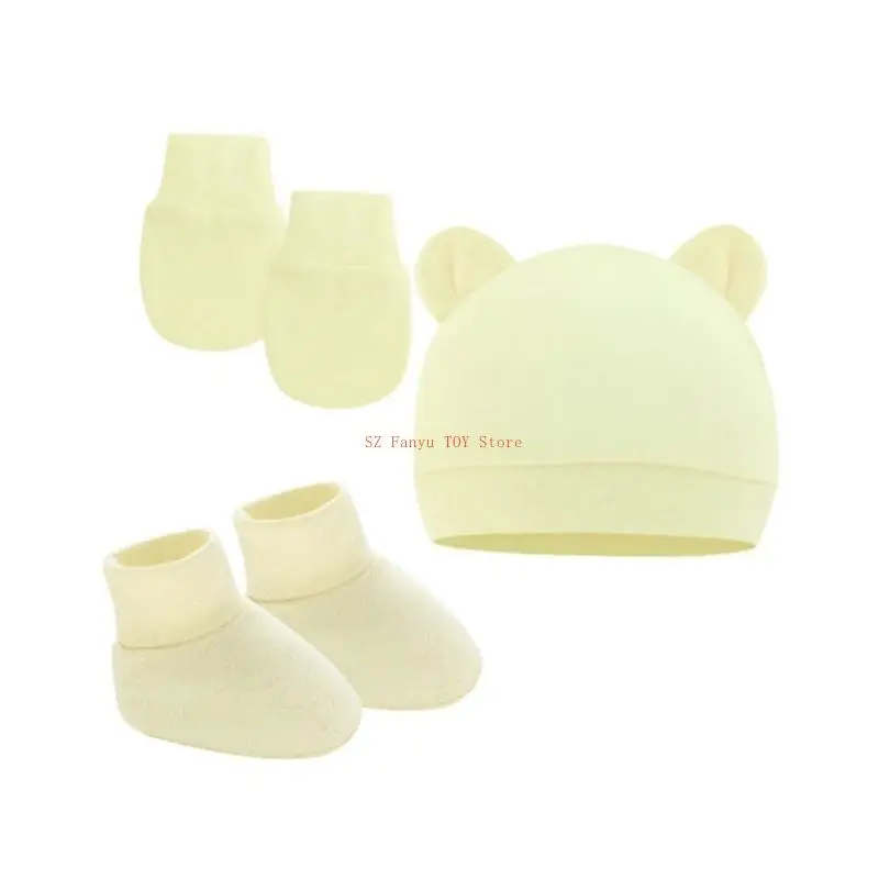 96GC 3 ชิ้นผ้าฝ้ายหมวกเด็กสำหรับทารกแรกเกิดหมวกเด็กถุงมือถุงเท้าชุดหมวกเด็ก