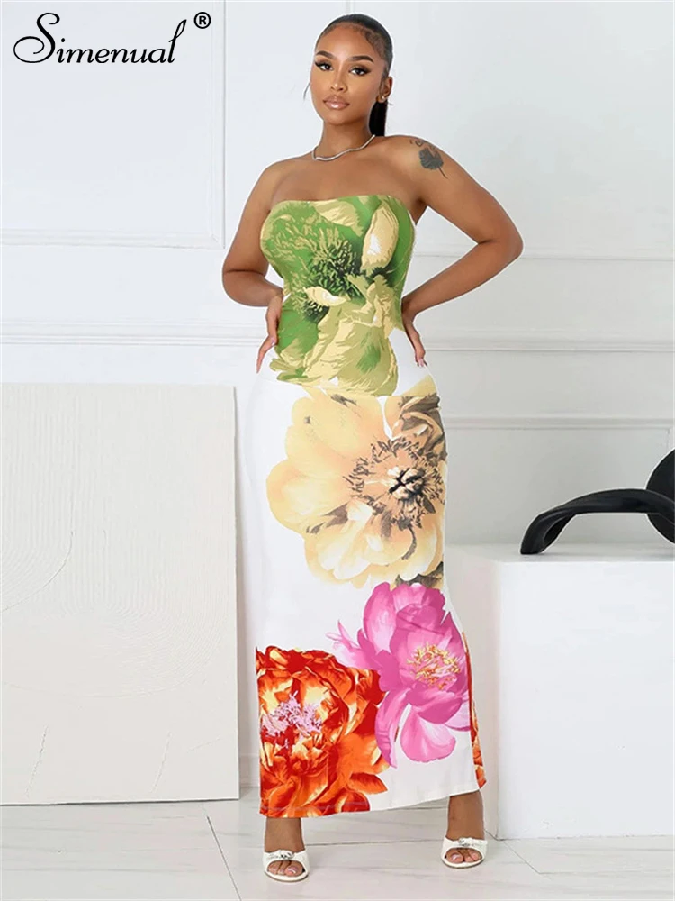

Simenual Elegant Fashion Florals Print Strapless Long Dress Women Trim Party Gown 90s Grunge Sleeveless Package Hip Dresses Slim