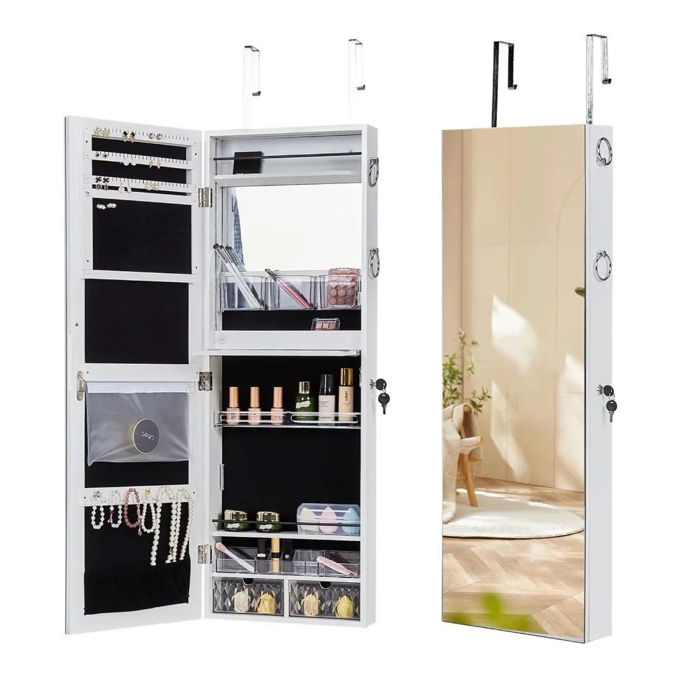 

Jewelry Armoire Organizer Cabinet w/Mirror Makeup Light, Door Mounted, Lockable