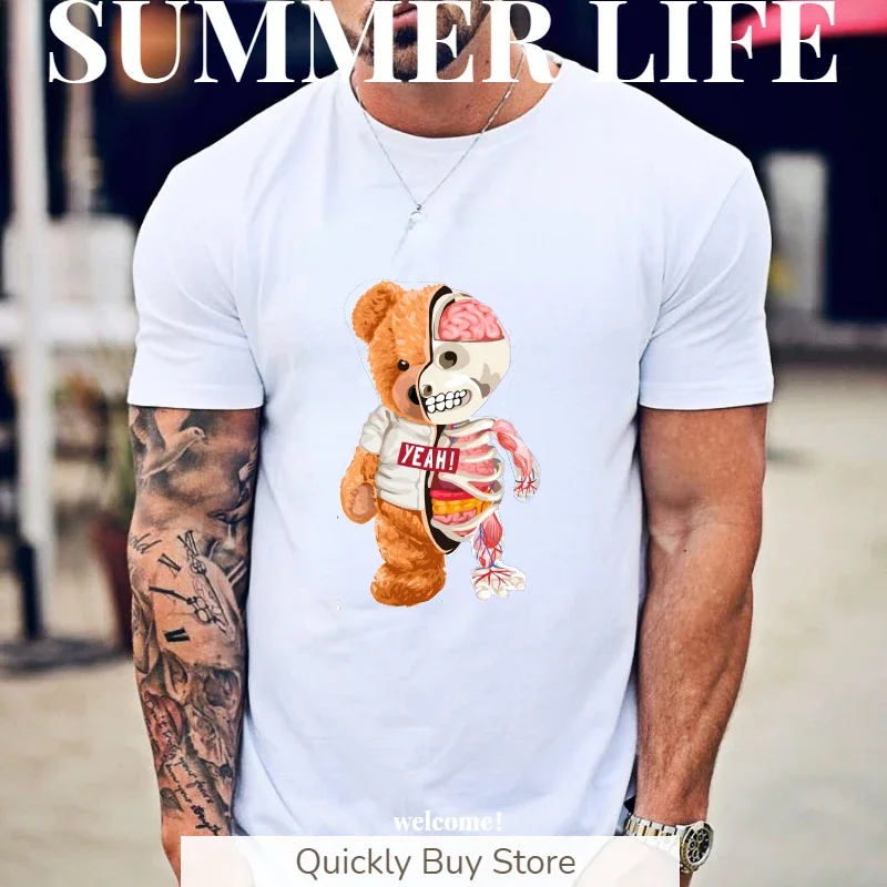 Mechanical device Teddy Bear Harajuku Fashion Men's Short Sleeve T-shirt Y2k Fashion T Shirts Kawaii Clothes Printed Anime