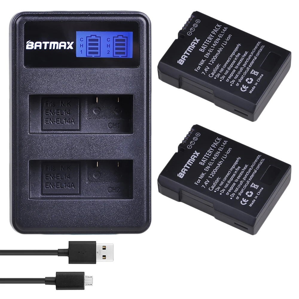 Batterie 2x EN-EL14 EN-EL14a ENEL14 EN EL14 EL14a avec écran LCD, double chargeur USB pour Nikon D3100 D3200 D3300 D5100 D5200 D5300 P7000