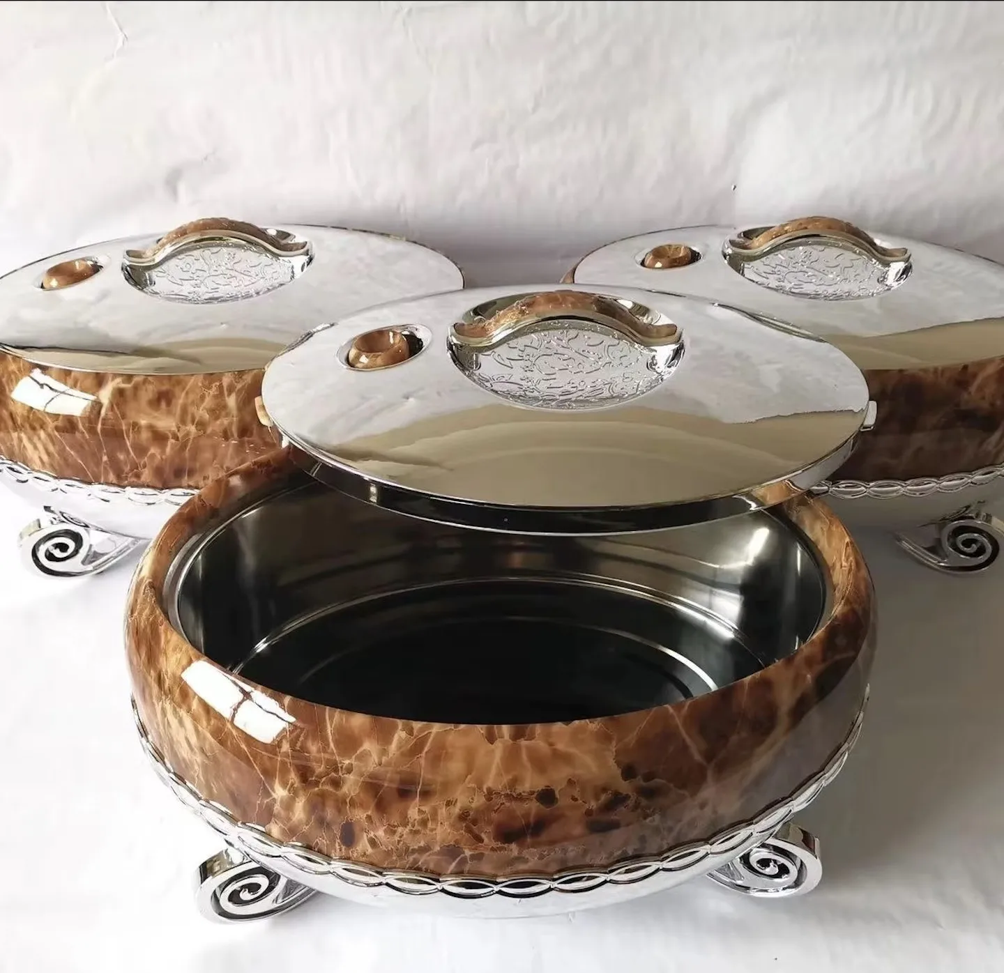 Wholesale 3 Piece Set 4L 5L 6L Oval Food Container Royal Gold Legs Insulated Hot Pot Thermal Warmer Classic Floral Print