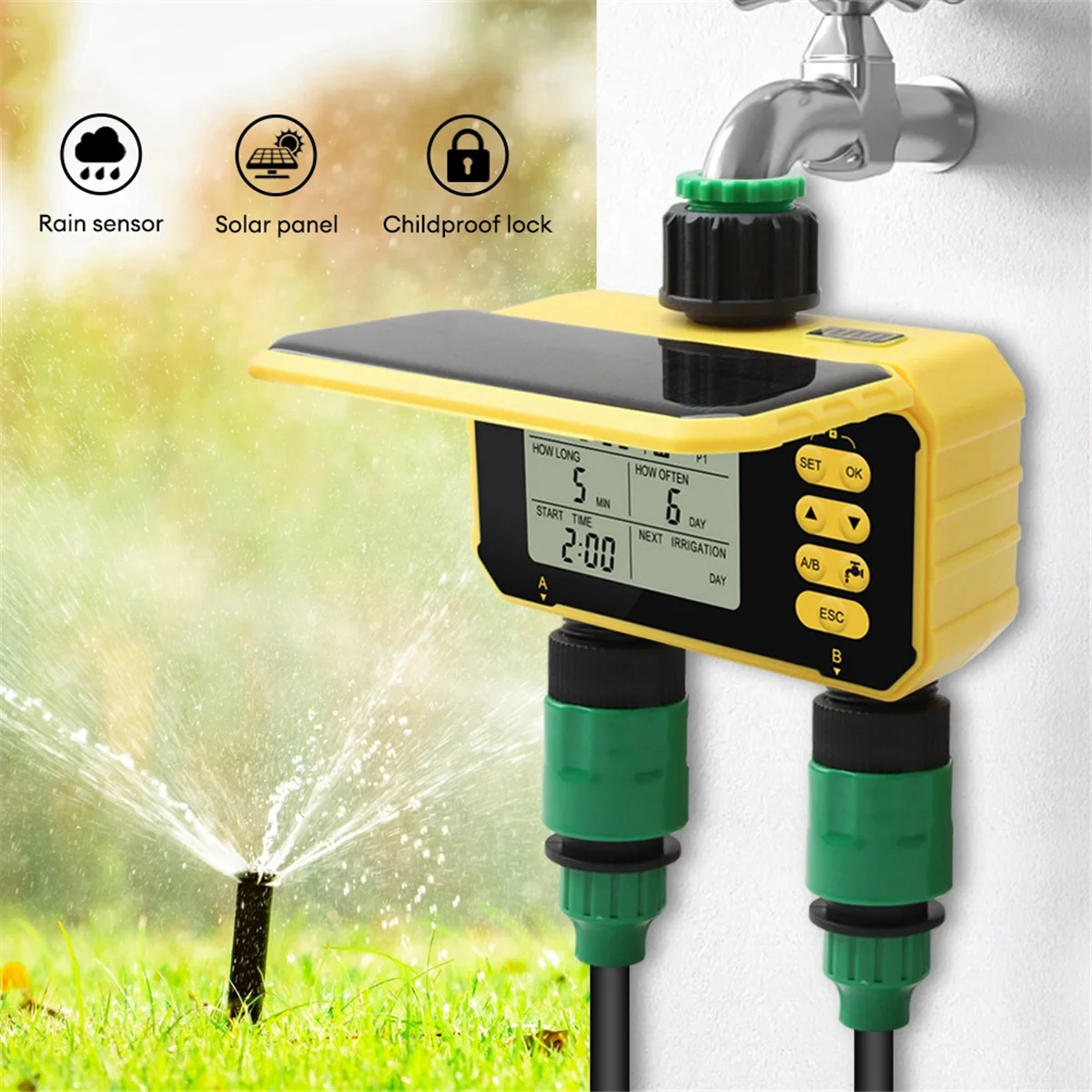 ABXHH 2 منافذ سقي السيارات الري شحن الطاقة الشمسية الرقمية صمام المياه بالرش تحكم للحديقة في الهواء الطلق