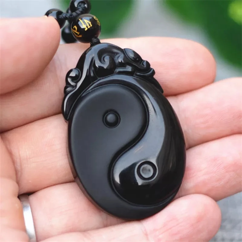 Natural Black Obsidian Carved Yin And Yang Bagua Necklace Pendant Fishes Pendant Necklace Jewelry