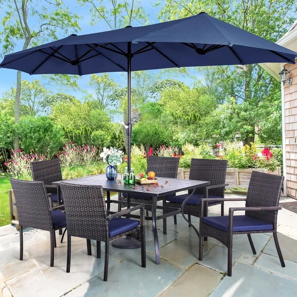 7 Piece Patio Dining Furniture Set, 60” Rectangular Metal Dining Table & 6 Cushioned Rattan Wicker Chairs ,Garden Furniture Sets image 6
