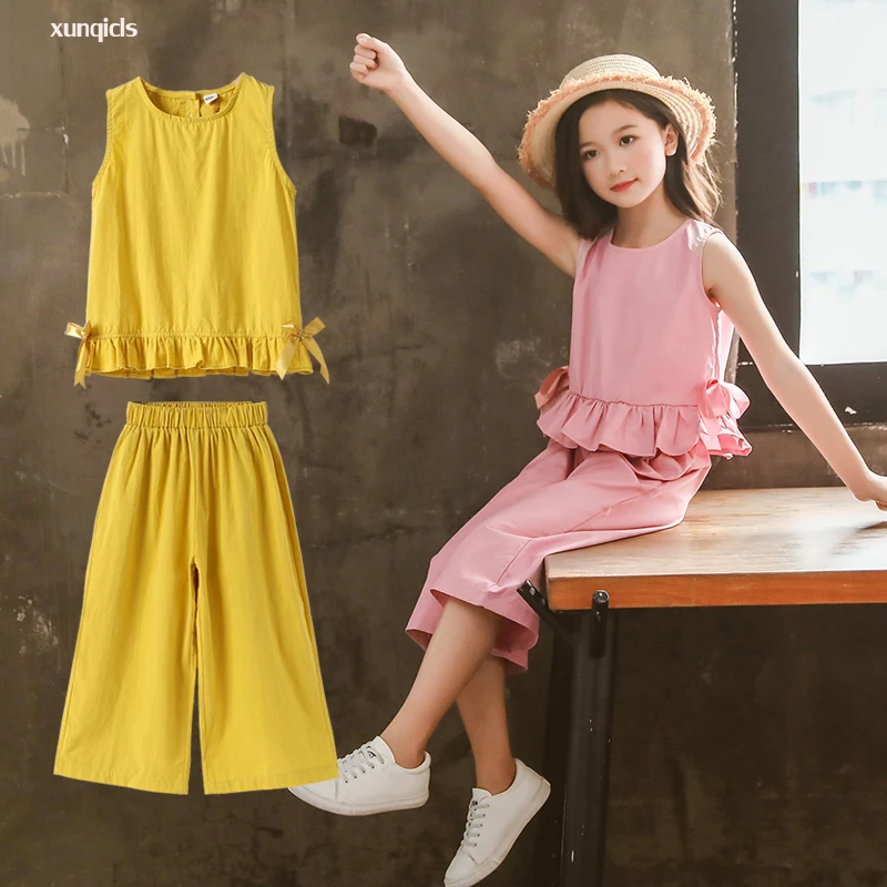 

Summer Children Clothing Set for Girls Sleeveless T-Shirt +wide leg Pants 2pc Suits Teenage Girl Outfit Kids Clothing