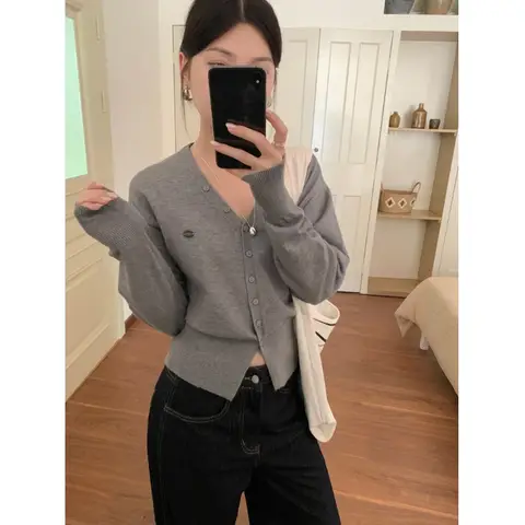 여성용 스웨터 통근 긴팔 V넥 가디건 짧은 여성용 레이어드 가을 겨울 가디건 카디건 가디건 스웨터 가디건