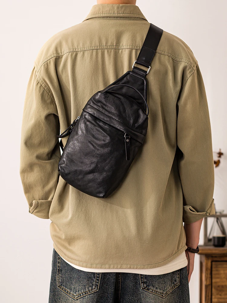 PNDME outdoor casual luxury first layer cowhide men's chest bag fashion sports designer genuine leather motorcycle crossbody bag