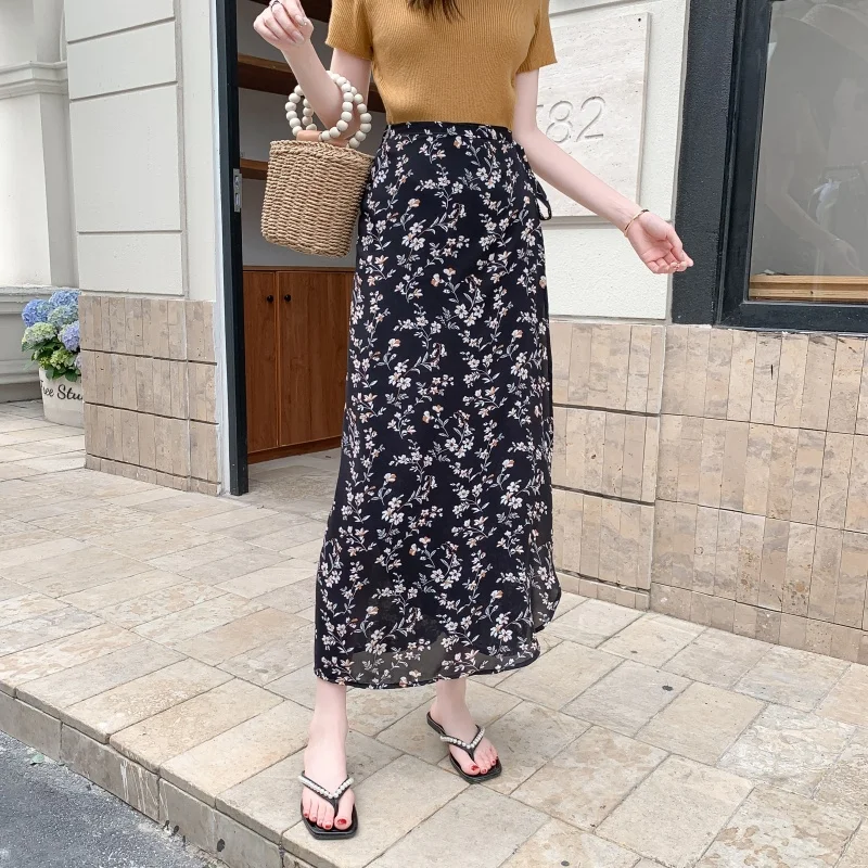 Red Floral Halter Midi Skirt Women's Summer Travel Drapey Chiffon Asymmetrical One-Piece Sunscreen Wrap Skirt Bodycon Fit