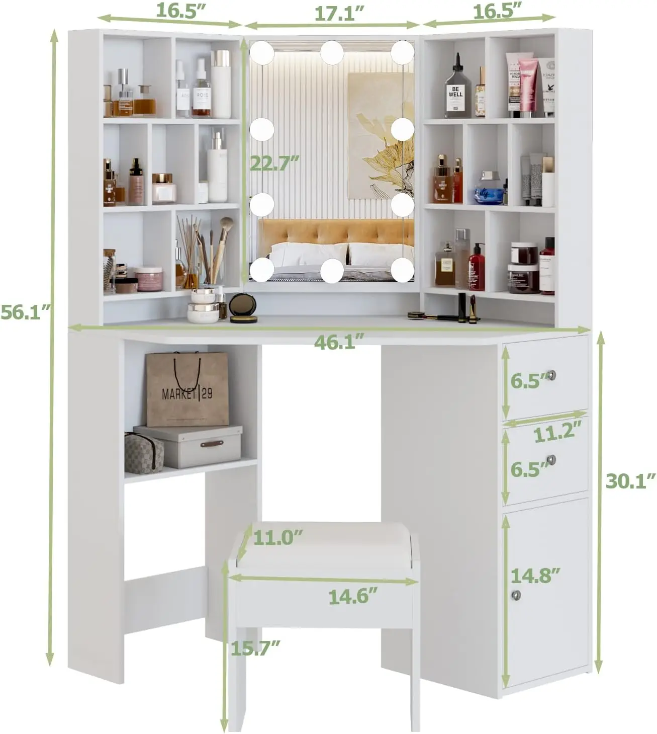 Vabches Corner Vanity Desk with Mirror Lights Makeup Vanity Table with 3 Drawer&Lots Storage Shelves Wood Vanity Set for Bedroom