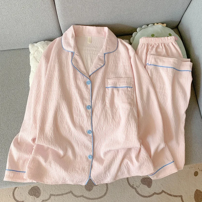 Girls Autumn Collared Long-Sleeve Cardigan Loungewear Women Student Pajama Set Two-pcs Loose Soft Casual HomeWear Woman Ladies
