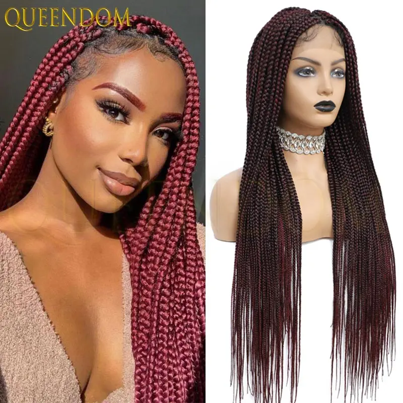 Cornrow Box Полный кружевной плетеный парик для чернокожих женщин Синтетический бордовый богиня без узлов Box Braid Wigs Braids Lace Wig Африканский