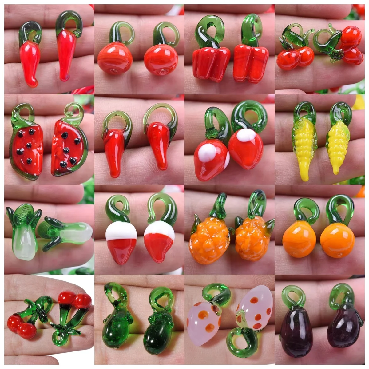 20pcs/Lot Charm High Quality Glass Fruit Vegetables Pendant Strawberry Cherry Pepper Corn Pendants For Jewelry Making Finding