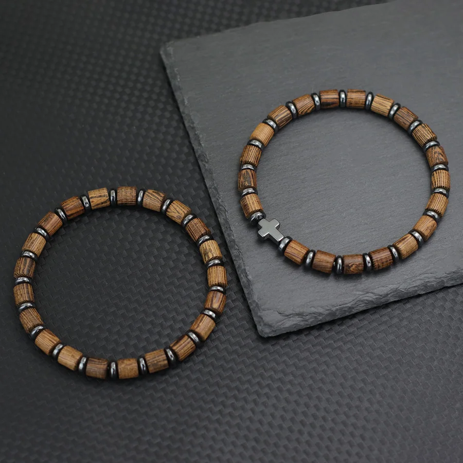 1Pcs Boho Natural Barrel Wooden Beads Bracelet for Men Black Gallstone Cross Healing Beaded Braclets Elastic Jewelry Joias