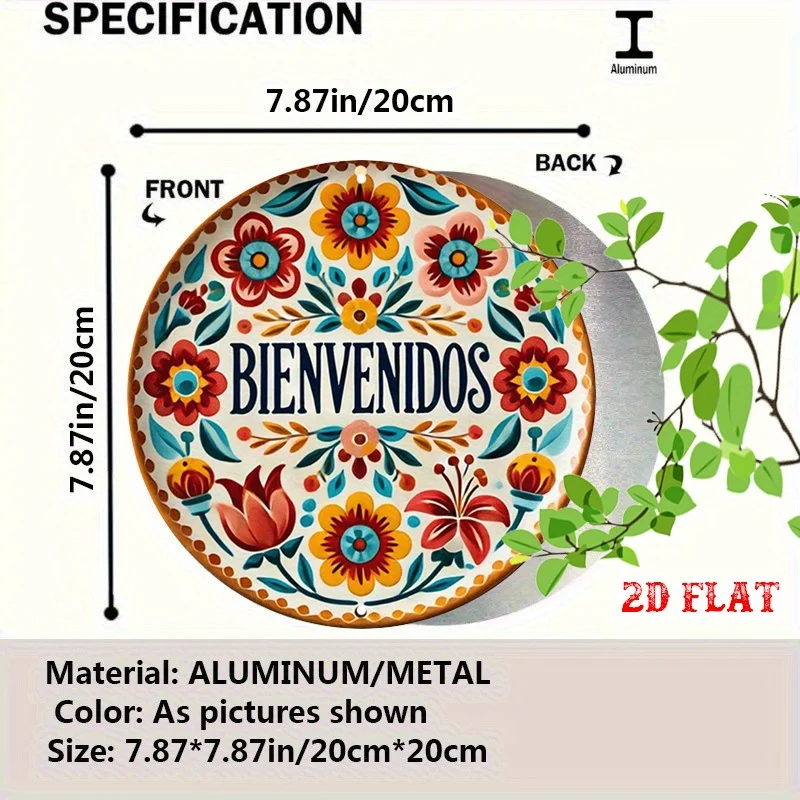 1pc Mexican Folk Floral Bienvenidos Round Metal Sign 20x20cm 2D Flat Spanish Backyard Patio Cottage Wall Decor Gift