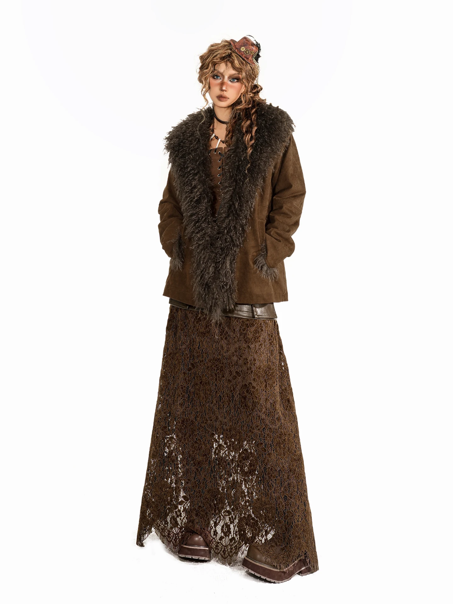 アリエルリンク ヴィンテージ スエード ファーカラー ジャケット レディース エコフレンドリー レザーコート 暖かい スタンダードフィット 長袖 ミドル丈 ボタンアップ