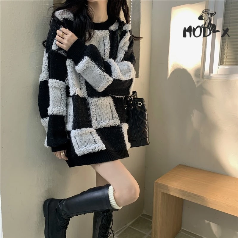 

MODX Vintage Checkerboard Checkered Sweater Sweater Women's Thickened Wear Loose And Lazy Style Pullover Round Neck Top Hot New