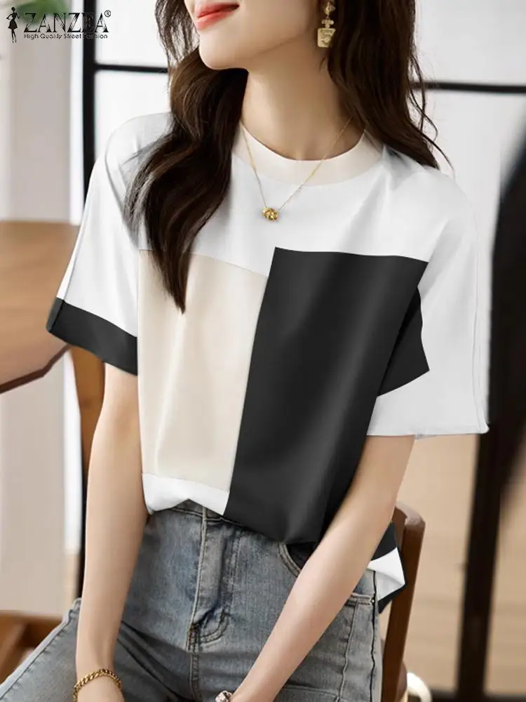 Fashion Patchwork Tops ZANZEA Summer Elegant Color Block Blouse Women O Neck Short Sleeve OL Shirt Tunic Casual Blusas Chemise