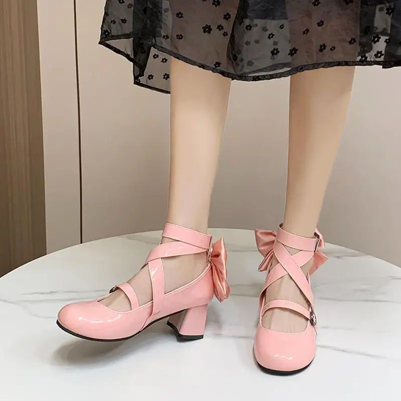 Japanese Lolita Butterfly Thick Sole High Heels Mary Jane Kawaii Shoes for Women Leather Girls Single Shoe