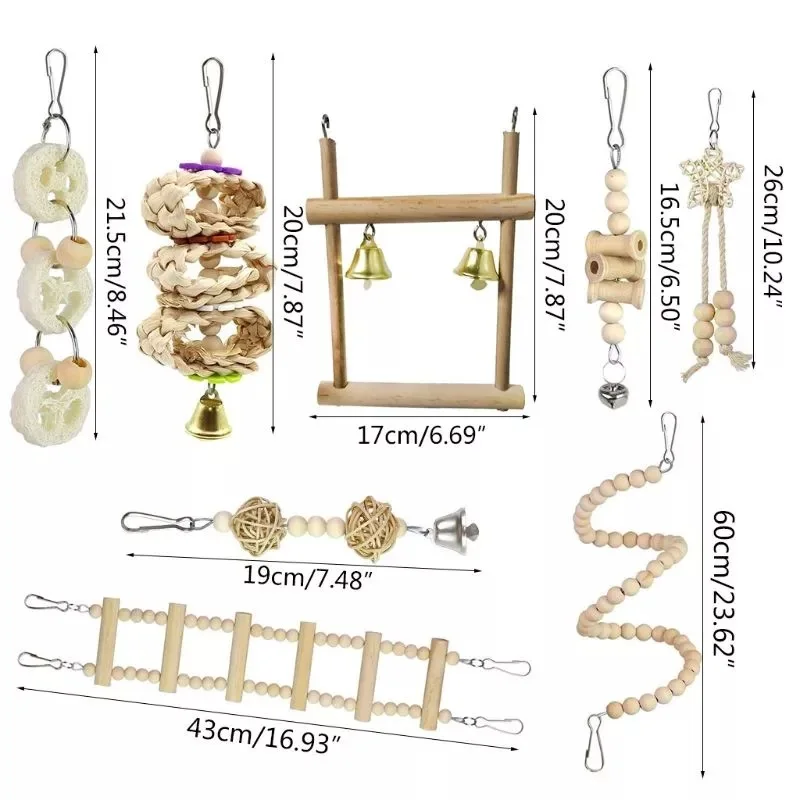 Parrot chewing toys, bird toys, ladder swings, soft ladder, wooden bead rotating stairs, original color 8-piece set