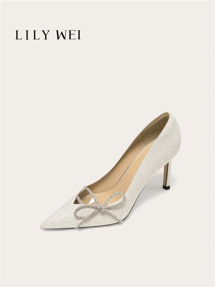 Spring new pointed shallow mouth rhinestone bow glitter PVC wedding shoes banquet large size small size high heels women's shoes