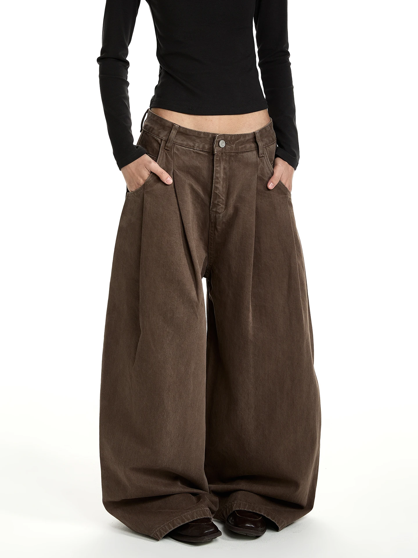 

American Retro Washed Folded Design Jeans Loose Straight Tube Versatile Long Pants Cotton Straight Leg High Waist Trousers