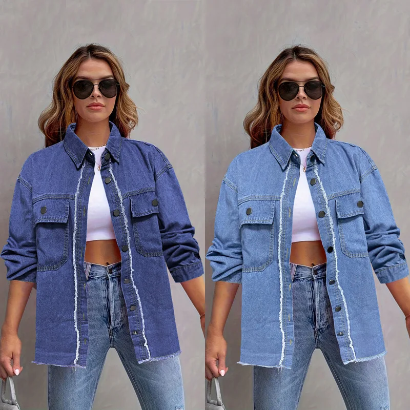 Women Frayed Trim Denim Shirt Jacket Oversized Lapel Long Sleeve Button Up Raw Hem Patch Pockets Casual Loose Shacket Coat