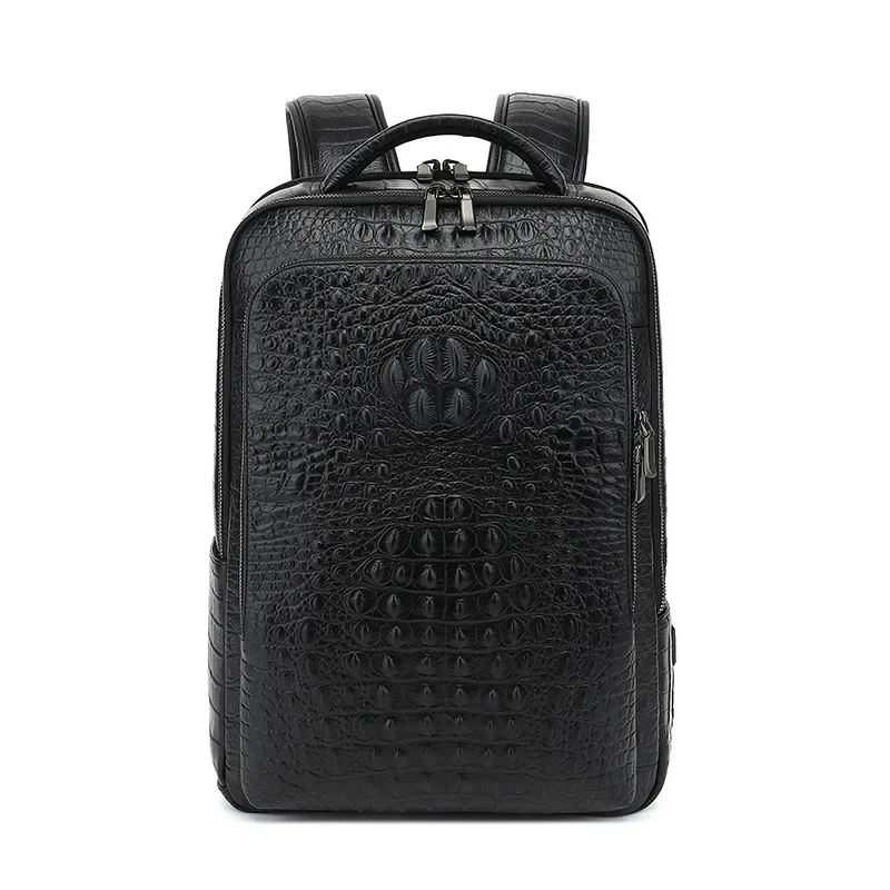 New Men's Crocodile Shoulder Backpack Men's Business Top Layer Cowhide Large Capacity Backpack Simple Travel Laptop Bag