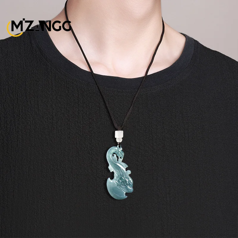 Natural Jadeite Blue Water Dragon-and-Phoenix Axe Pendant Stylish Charming Ice-Type Jade Necklace Unisex Perfect Holiday Gift - view 5
