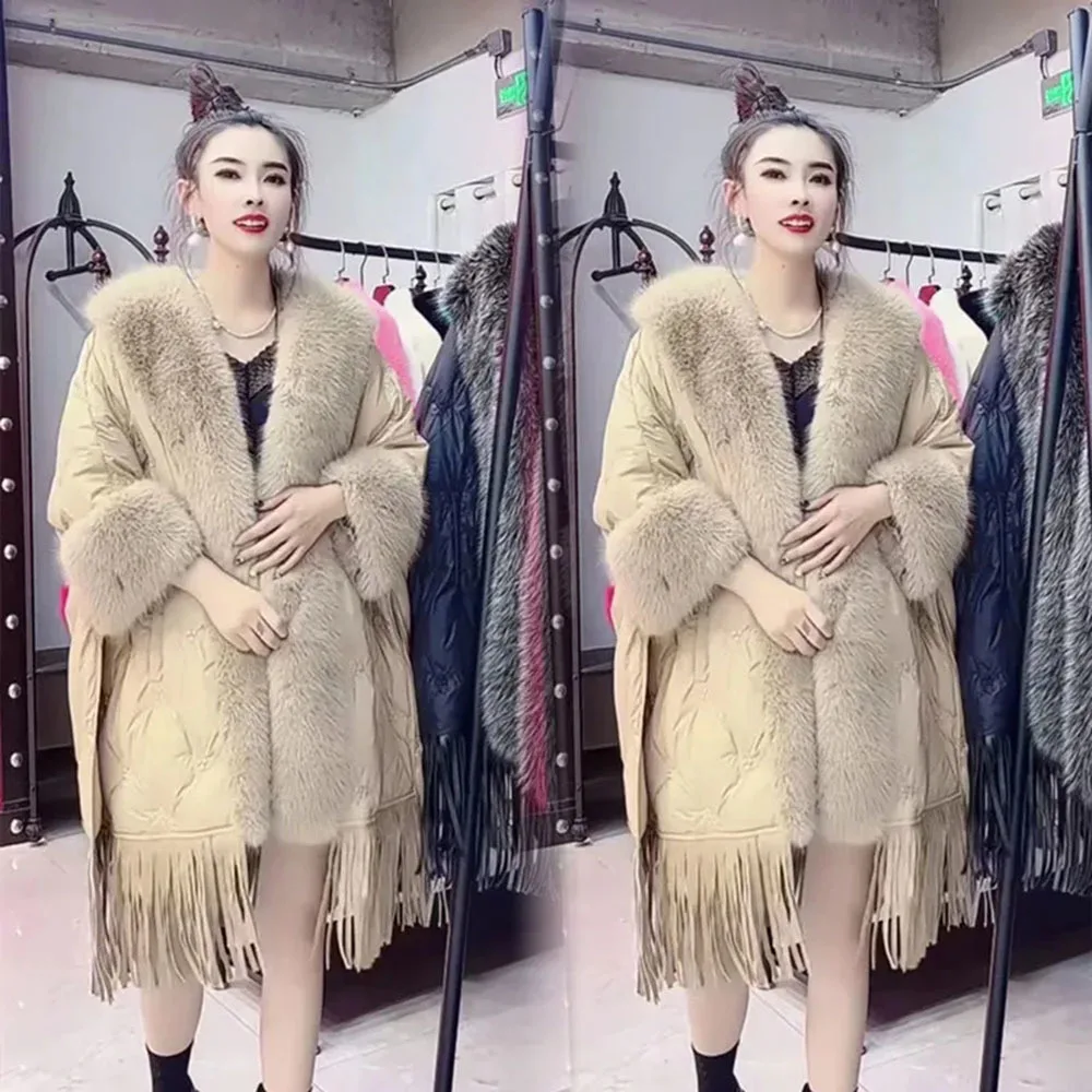 2023 Winter Warm Women\'s Poncho Jacket Temperament Tassel Shawl Warm Down Coat Cloak Fashion New Faux Rabbit Fur Cape Overcoats