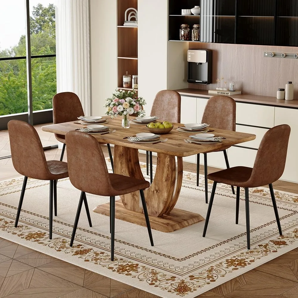 

Modern Dining Table Set for 6, 63 Wood Kitchen Table with 6 Fabric Suede Upholstered Chairs, Farmhouse Style.