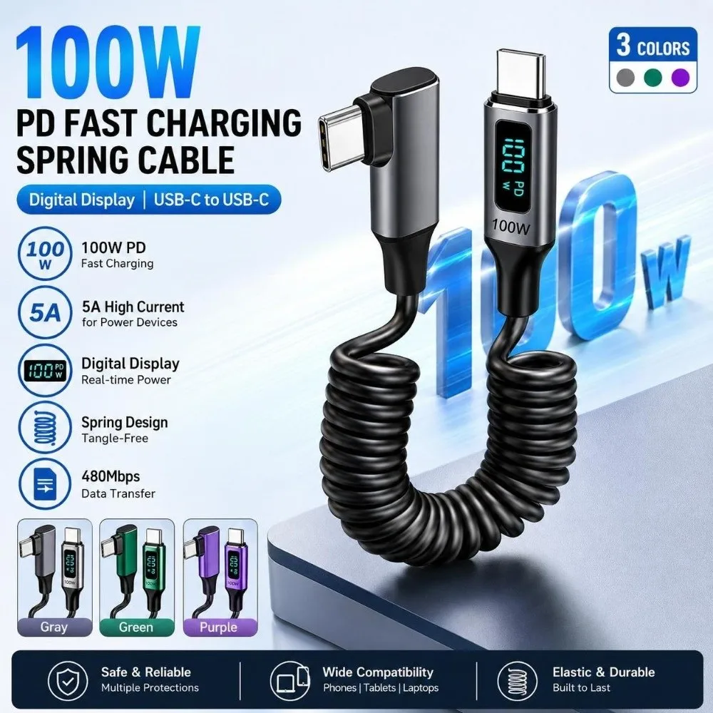 100W Fast Charging Right Angle USB-C Cable Real-Time Display 5A Type-C Fast Charging Cord 480Mbps Transfer Right Angle Plug