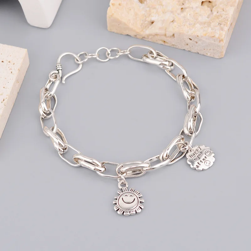Hot Sell Trendy Smile Face Sun Design Tag Retro Thai Silver Female Charm Bracelet Wholesale Jewelry For Women Christmas Gifts