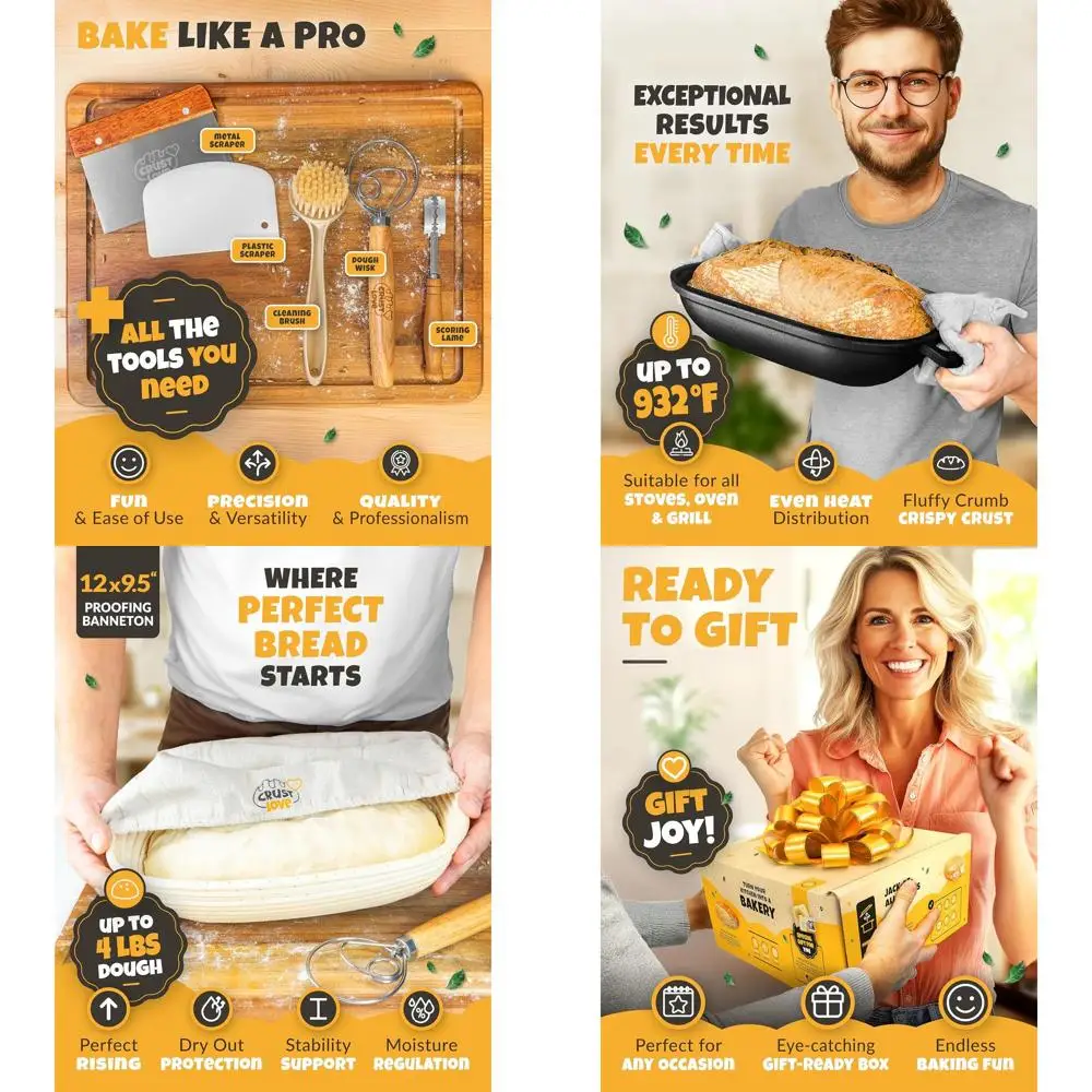 

Lidded Cast Iron Bread Pan - Sourdough Starter Kit with Banneton, 7.2 QT Dutch Oven, and Bread Scoring Lame