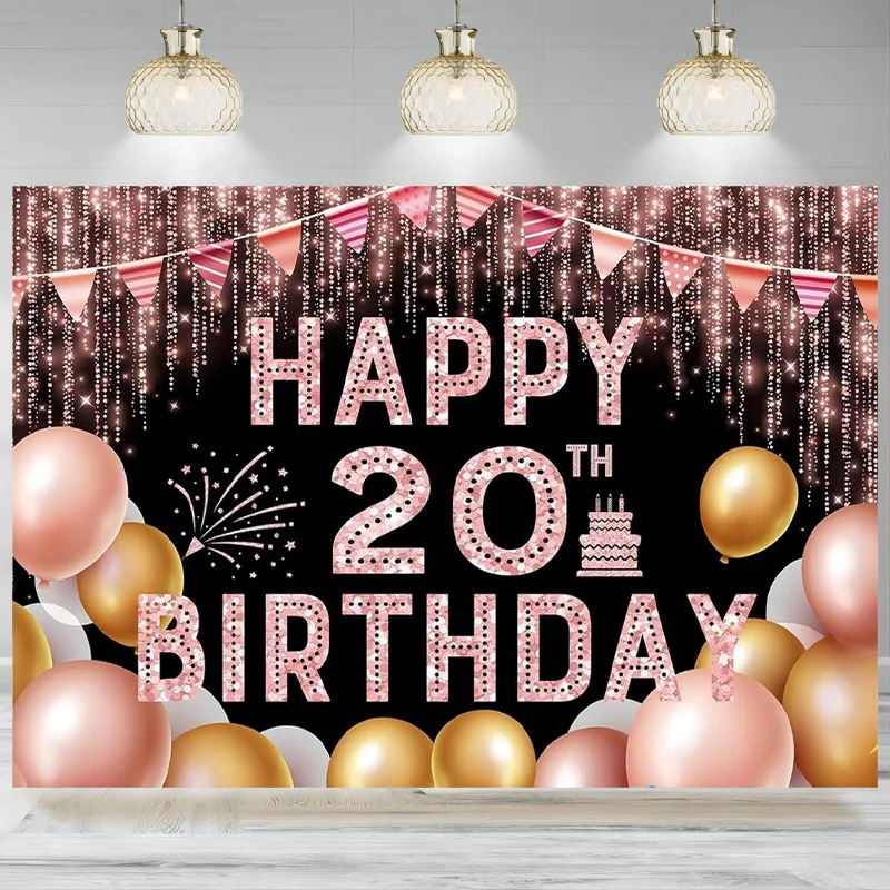 Happy 20th Birthday Backdrop Banner Girl Twenty Years Old Party  Pink Golden yellow Balloon Photography Background Decoration