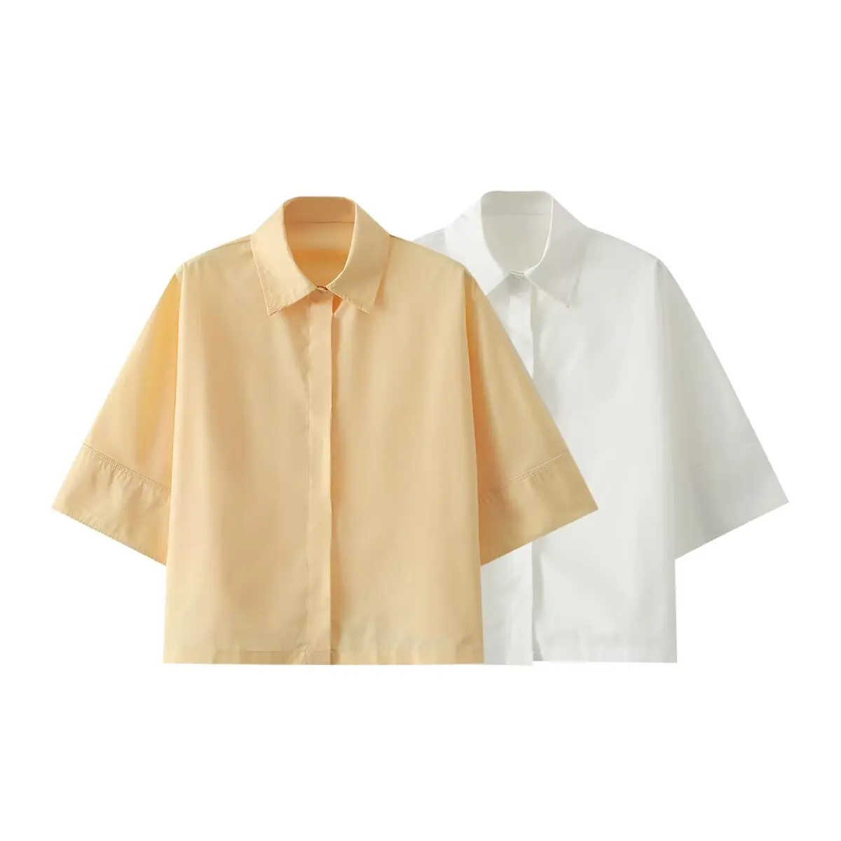 

BSK&TRAF2025 women's summer new products casual loose simple solid color versatile lapel short sleeve wide sleeve shirt top