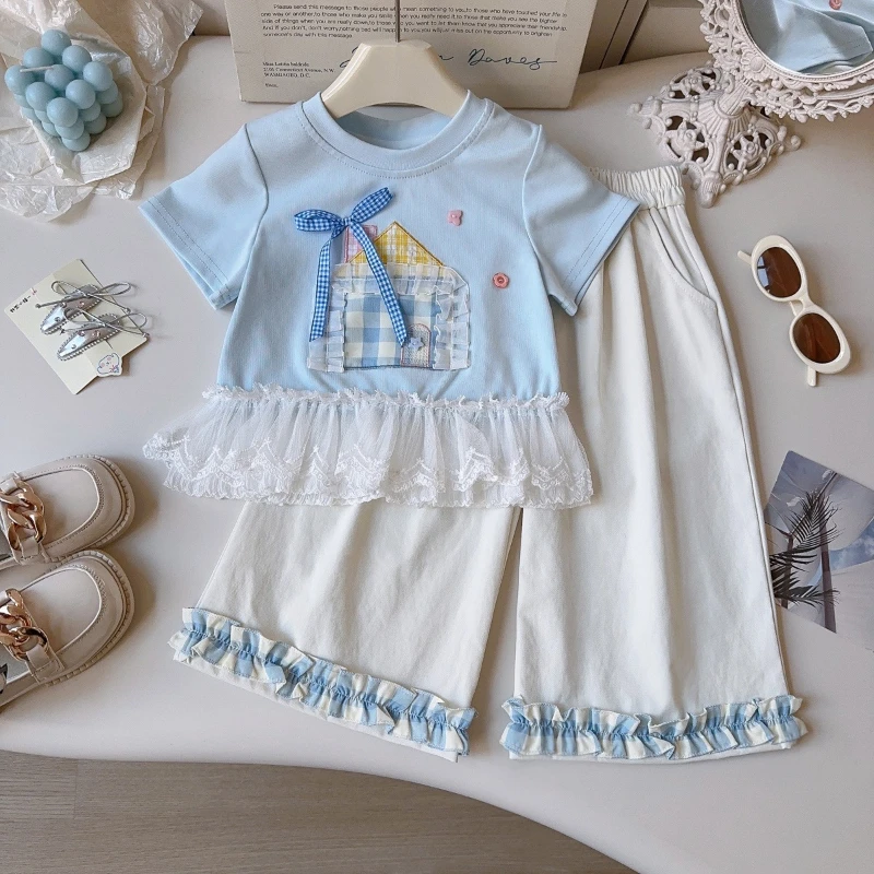 

2026 Summer Hot Selling New Children's Blue Round Neck Patchwork Pattern Top and Pants Two-piece Set