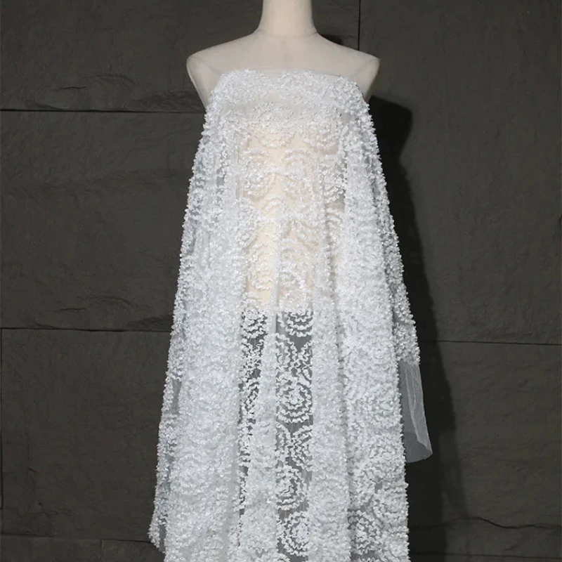 White Pleated Textured Jacquard Fabric Openwork Three-dimensional Mesh Wedding Lace Skirt Clothing Designer Fabrics