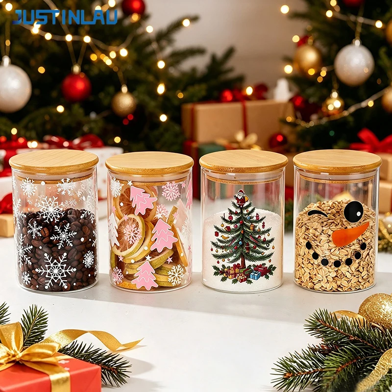 JUSTINLAU 3Pcs Set Xmas Storage Jars Printed Food‑Grade High Borosilicate Glass Airtight Canister with Lid for Food Organization