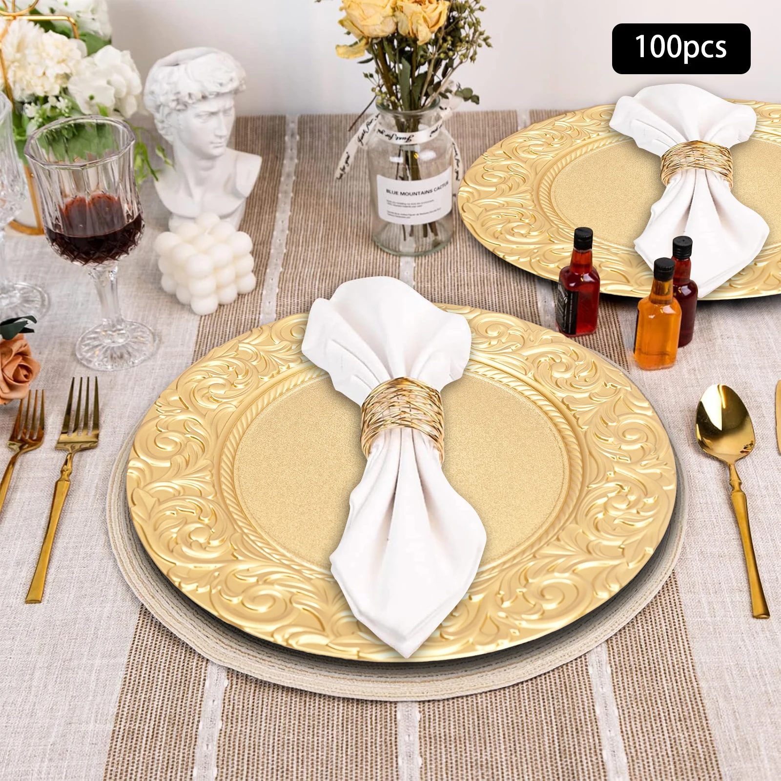 100 pièces d'assiettes de présentation rondes dorées, en PP résistant aux chutes, diamètre 13 pouces, assiettes de service pour célébrations et dîners.