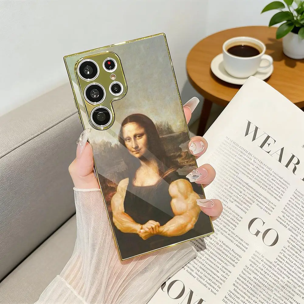 Aesthetic Mona Lisa Funny Phone Case Luxury Electroplated Metal Frame Phone Case for Samsung S25 S24 S23 Ultra Slim Cover