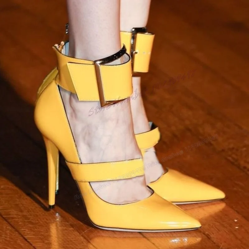 

Yellow Patent Leather Back Strap Pumps Metal Buckle Slip On Pointy Toe Shoes for Women High Heels Shoes 2023 Zapatos Para Mujere